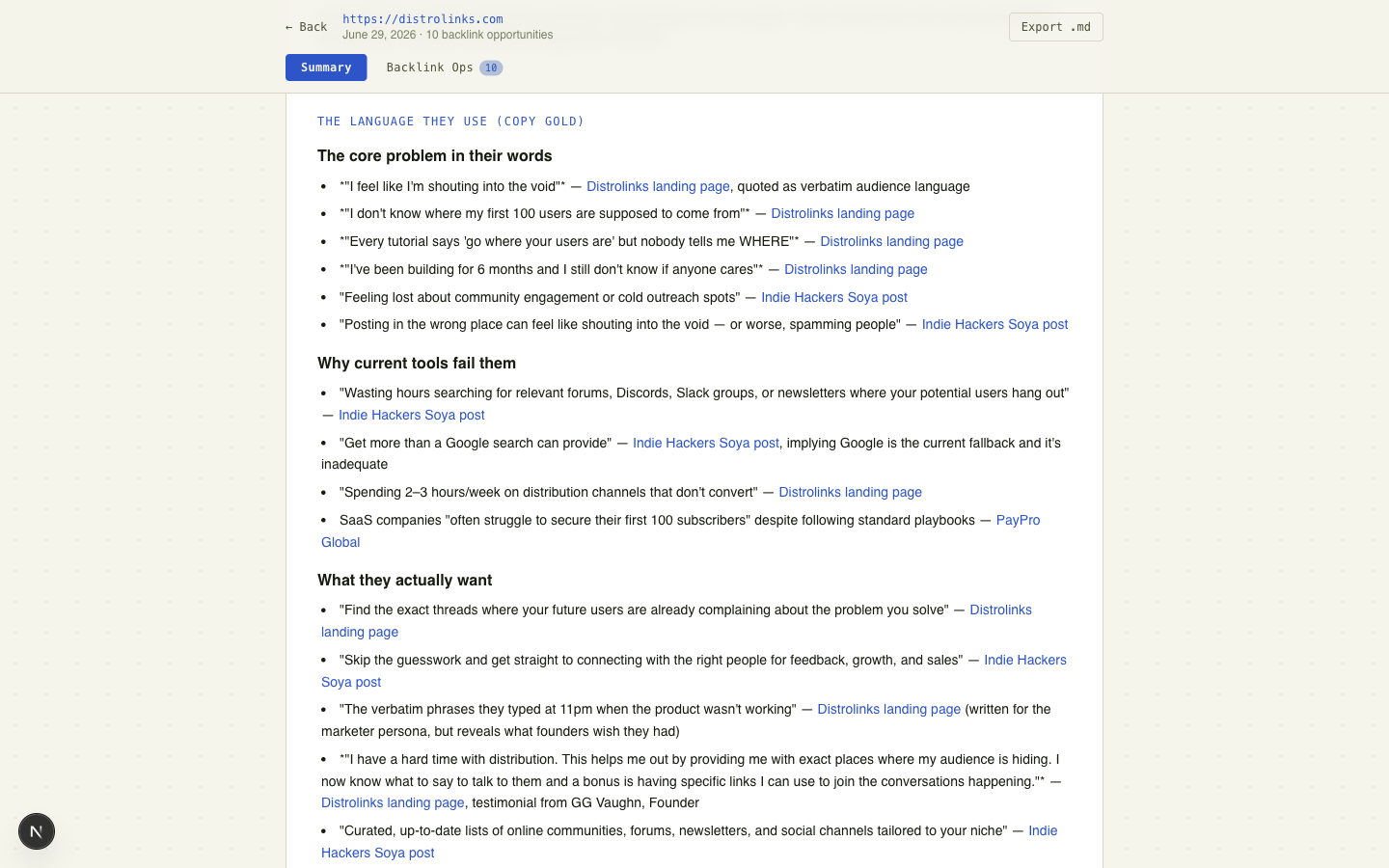 Distrolinks pain language extraction showing verbatim Reddit quotes grouped by emotional intensity and copy use