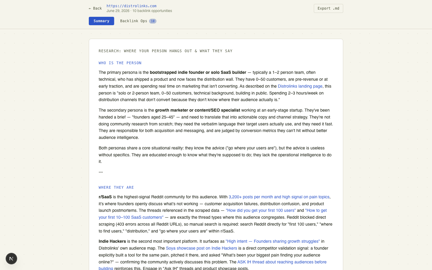 Distrolinks subreddit discovery scan surfacing pain posts from r/Entrepreneur and r/startups